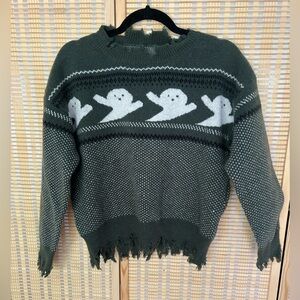 NWOT SIZE M Vintage Halloween Green Ghost Pattern Sweater Distressed